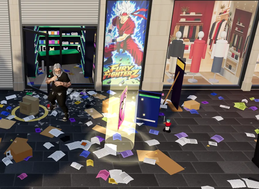 A card on the ground, and its pillar of light.