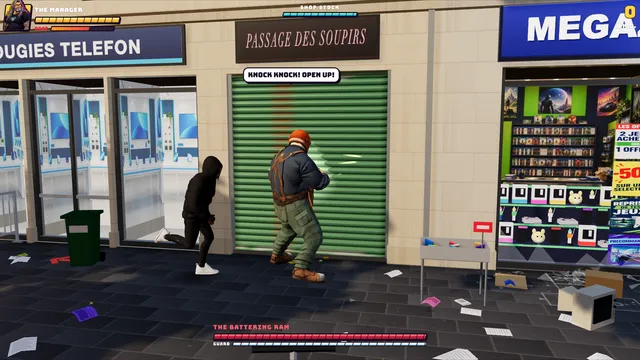 The final boss, THE BATTERING RAM, rips an iron shutter off a shop.