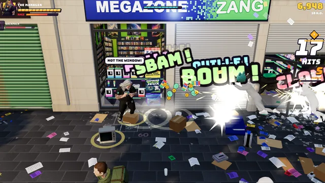 A fight in front of the MEGAZONE shop: a combo counter, papers and boxes all over the pavement.
