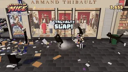 A fight on the avenue: combos, throws, looters flying.