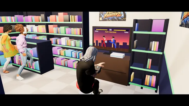 The opening: the manager inside his shop, playing on the TV, just before a brick hits the window.