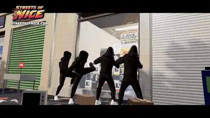 The opening: the manager in his shop, the brick through the window, and he bursts out to the street.