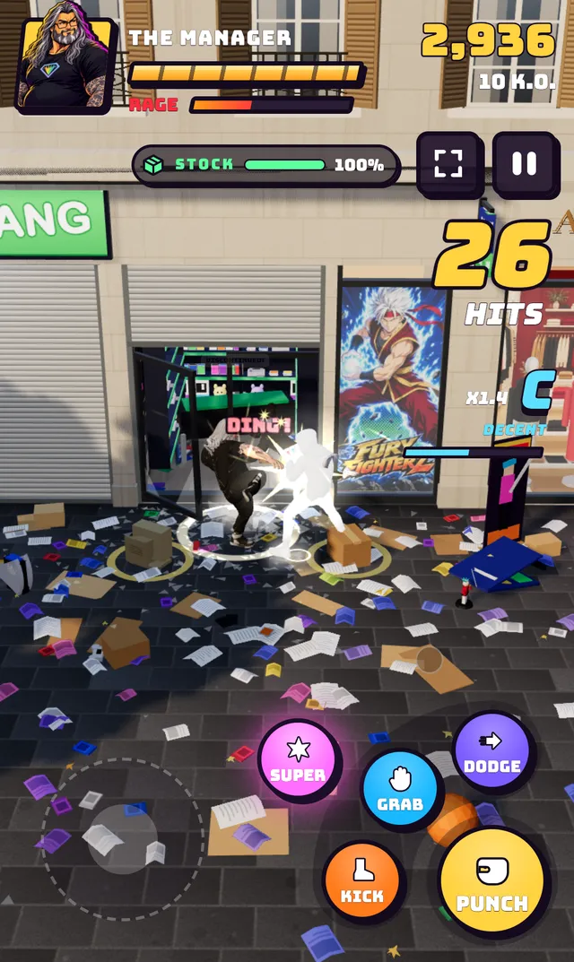 The game on a phone, held upright, with the touch buttons.