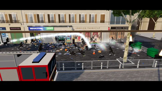 FIREFIGHTERS!: from the fire engine's roof, the water cannon sweeps the avenue, the looters washed down the street under a small rainbow.