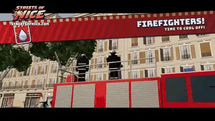 FIREFIGHTERS!: the manager picks up a card, a fire engine pulls up on the avenue and its water cannon washes every looter down the street.