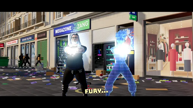FURY BEAM!: KENJI, the blue ghost of the poster by the shop door, and the manager charge one beam side by side, straight at the lens.
