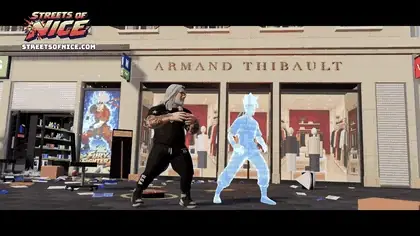 FURY BEAM!: the manager picks up a card, KENJI steps out of the poster, they charge side by side and one beam sweeps the avenue, then a bow and he walks back into the poster.