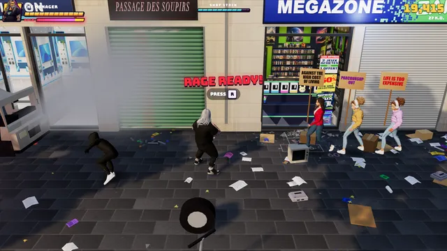 Marchers with their signs walk the avenue among the looters: hit one of them and you lose points.