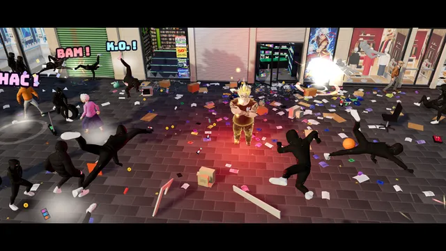 SUPER MANAGER, gold hair and gold aura, in the middle of the looters.