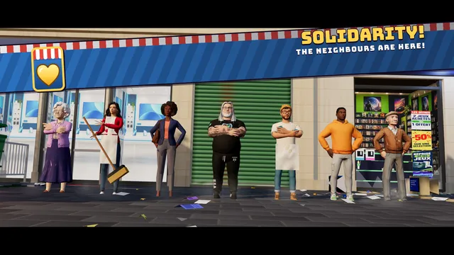 SOLIDARITY: the neighbours and shopkeepers of the avenue line up with the manager in front of the shops, arms crossed, fists on hips, a broom.