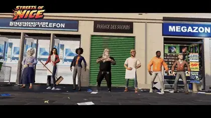 SOLIDARITY: the manager picks up a card on the street, the neighbours run in from both ends of the avenue, line up with him, and clean the street of looters in a flash.