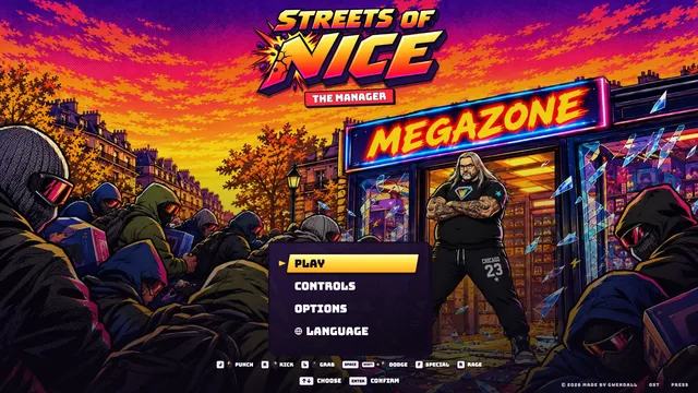 The title screen: the manager stands in his shop door, arms crossed, looters in black hoods crowding in.