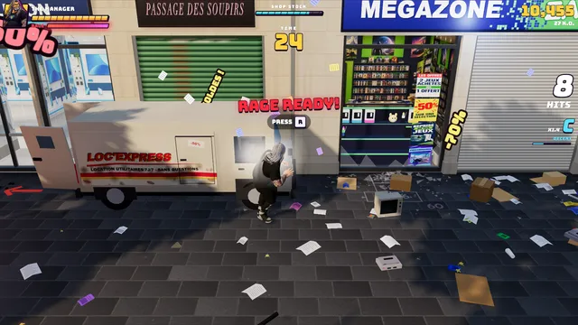 The BONUS STAGE: a getaway van and its crew stop in front of the shop.