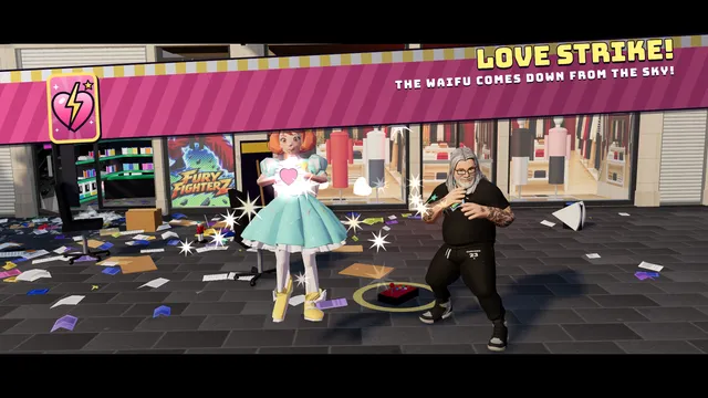 LOVE STRIKE!: the magical girl, just down from the sky, makes a heart with both hands beside the manager, under the title card.